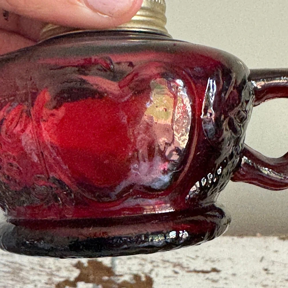 Vintage Ruby Red Glass Miniature Finger‎ Oil Lamp with White Milk Glass Chimney
